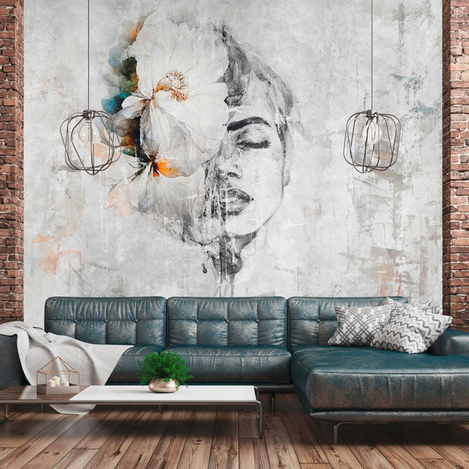 Kunst-Fototapete Frau Blume Grau Bunt – Vliestapete 3.75 m x 2.50 m modern kreativ