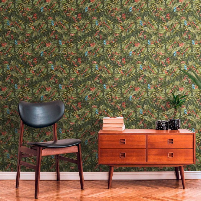 Tapete mit Dschungel-Motiv Grün - Vliestapete mit Blüten in Rot Blau