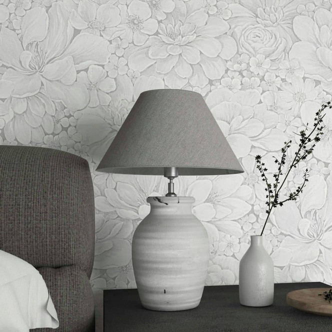 Vliestapete mit stark strukturiertem Blattmotiv weiss Floral