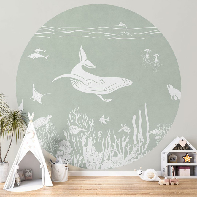 Fototapete Korallenriff und Meerestiere - Eine Reise ins Grüne - Kikki Belle - Rund - Selbstklebend/Vlies