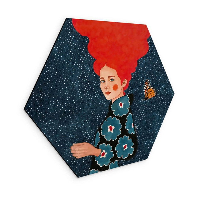 Hexagon Wandbild Frau im Blumenkleid mit Schmetterling - Alu-Dibond - Hülya