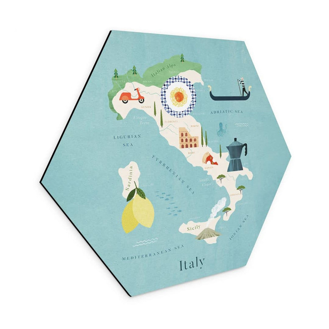 Hexagon Wandbild Karte von Italien - Rivers - Alu-Dibond