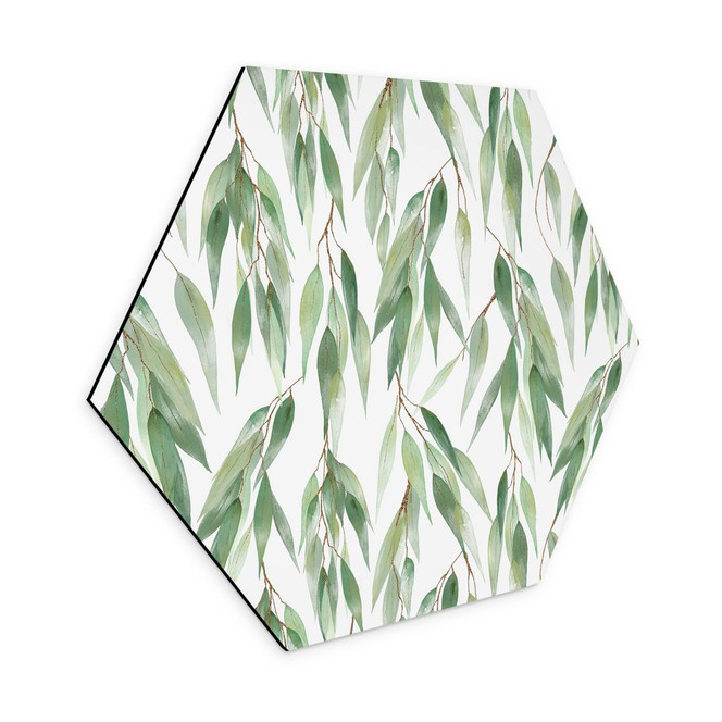 Hexagon Wandbild Zweige mit grünen Blättern - UN Designs - Alu-Dibond