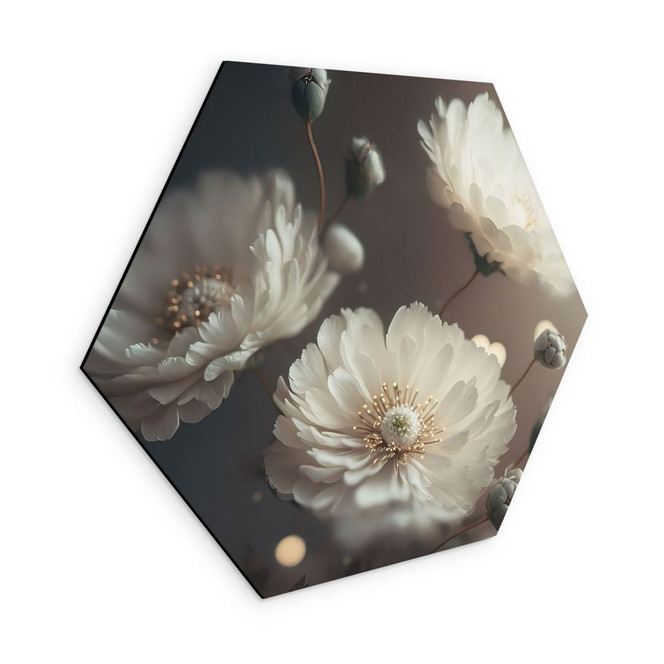Wandbild Weisse Blumen mit Goldstaub - Treechild - Alu-Dibond