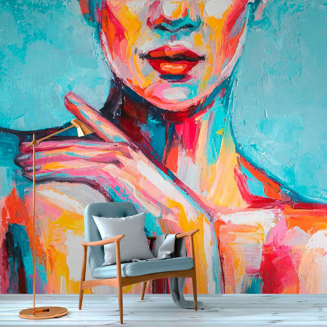 Fototapete Kunst AcrylGirl in blau gelb - Vliestapete Designwalls 2 - 2.55x3.5 m