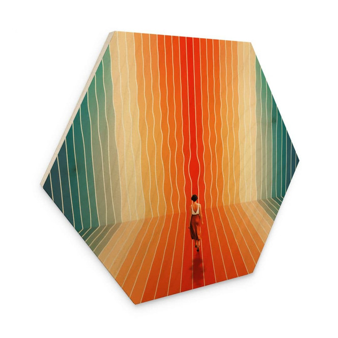 Hexagon Holzbild Frau vor der Regenbogen-Kulisse - Taudalpoi