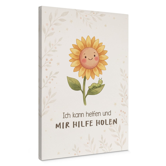 Leinwandbild mit Sonnenblume und Raupe - Affirmation "Ich kann helfen" für Kinder