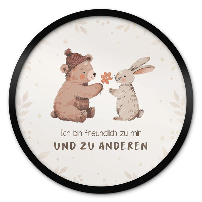 Rundes Affirmationsposter mit Bär und Hase - "Ich bin freundlich" für das Kinderzimmer