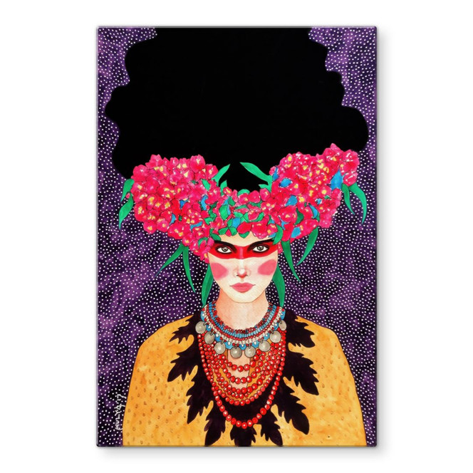 Glasbild Frau mit Blütenkranz und Stärke - Hülya