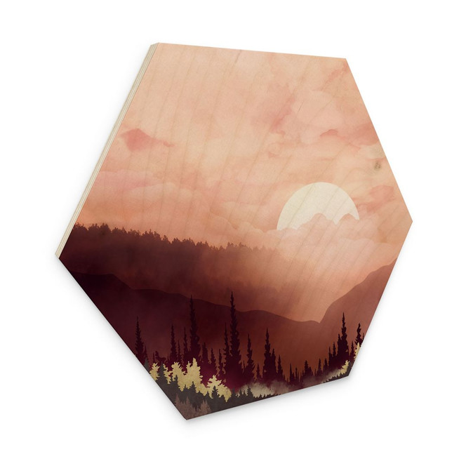 Hexagon-Holzbild Rosa Sonnenuntergang über dem Wald - SpaceFrog Designs