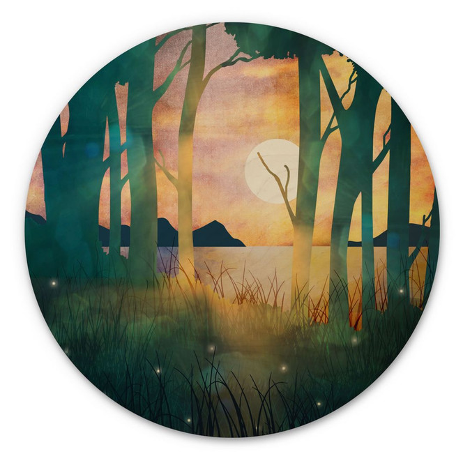 Holzbild Waldzauber bei Sonnenuntergang - SpaceFrog Designs - Rund