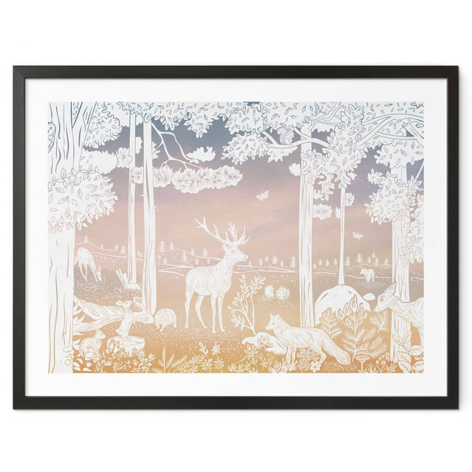 Poster Friedlicher Wald mit Hirschen und Füchsen - Ombre - Kikki Belle