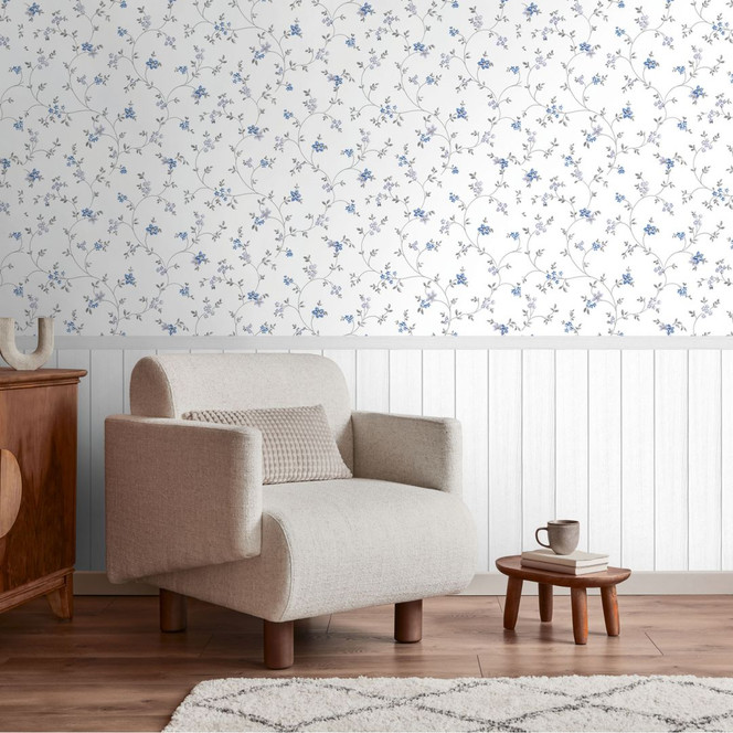 Fototapete Blumenranken mit Holzpaneel Blau Weiss – Romantisch & erweiterbar