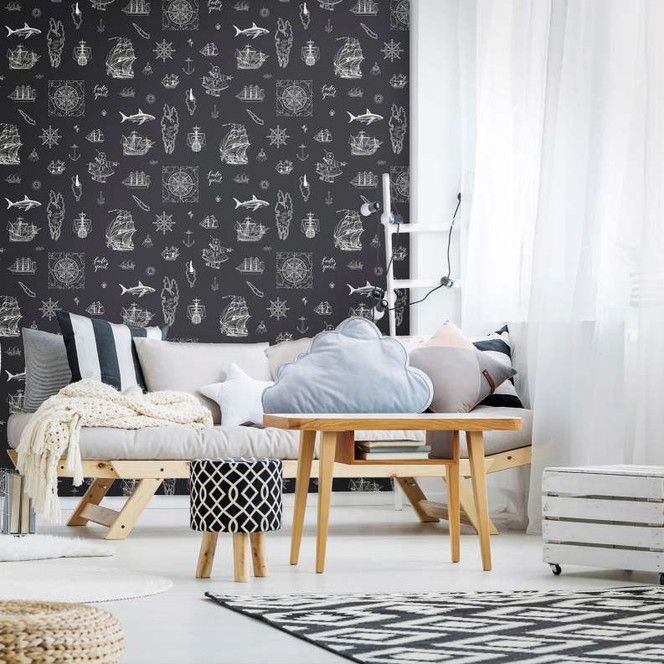 Kindertapete, Vliestapete mit Illustration Kids Walls schwarz, weiss