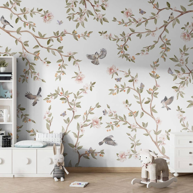 Fototapete Natur - Rosenstrauch mit Vögeln - Kikki Belle