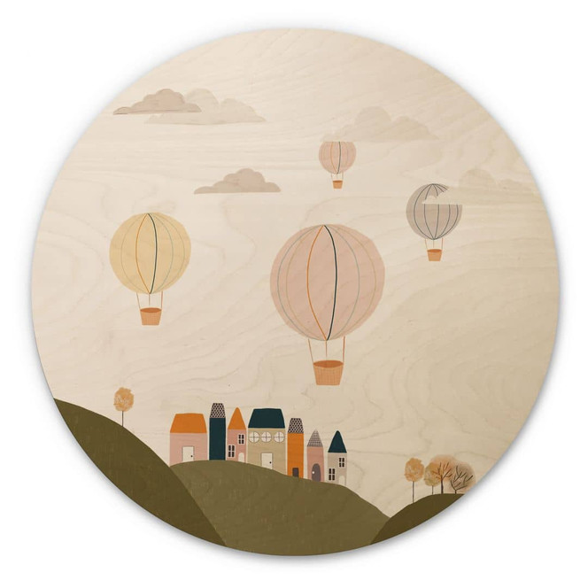 Holzbild Bunte Heissluftballons am Himmel - Lisboa - Rund