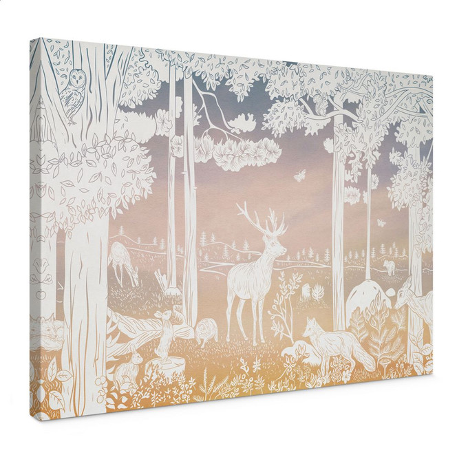 Leinwandbild Friedlicher Wald mit Hirschen und Füchsen - Ombre - Kikki Belle