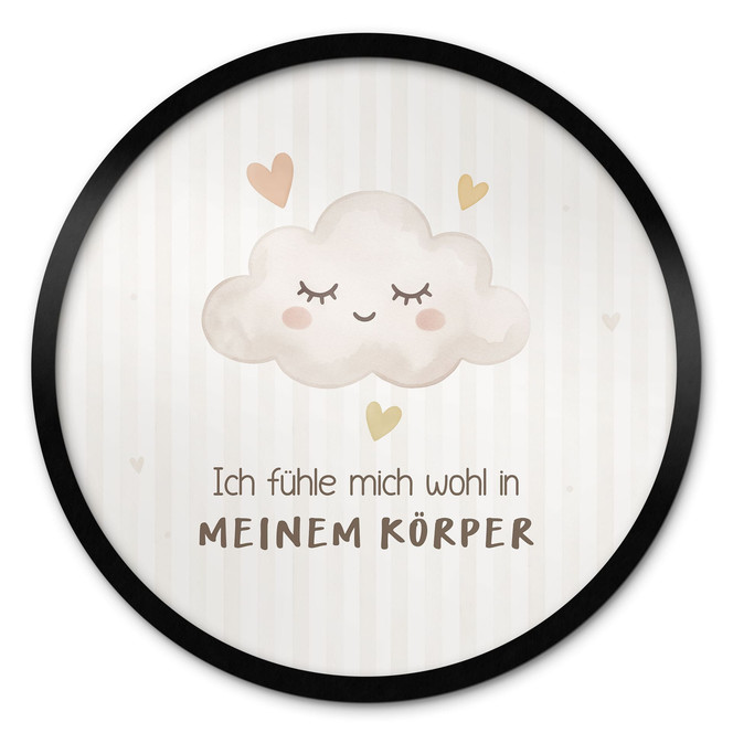 Rundes Affirmationsposter mit Wolke - "Ich fühle mich wohl in meinem Körper" für das Kinderzimmer