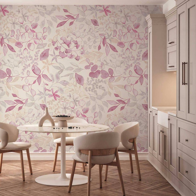 Vliestapete mit Eukalyptus-Muster Rosa Beige - Florale Wandtapete - Fototapete