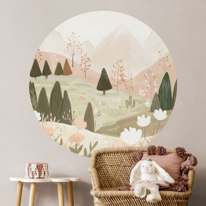Wandtattoo Pastell Berglandschaft mit Blumen - Treechild - Rund