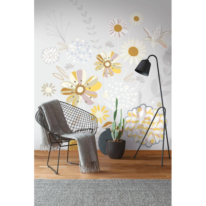 Fototapete Blumen grau gelb - Vliestapete Floral Livingwalls - matt und glatt