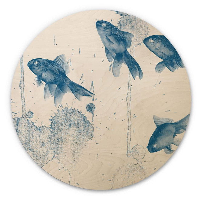 Holzbild Blaue Fische - Rund