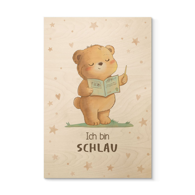 Holzbild mit lesendem Bär - Glaubenssatz "Ich bin schlau" fürs Kinderzimmer
