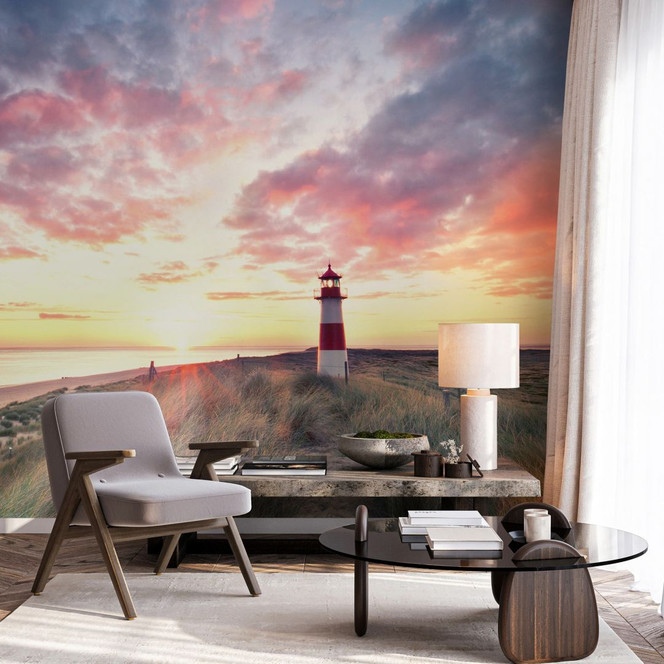Leuchtturm-Fototapete Sonnenuntergang Rosa Blau – Vliestapete 3.75 m x 2.50 m Küstenmotiv