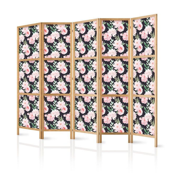 Japanischer Paravent, Raumteiler freistehend, Trennwand - Peonies on Graphite Background