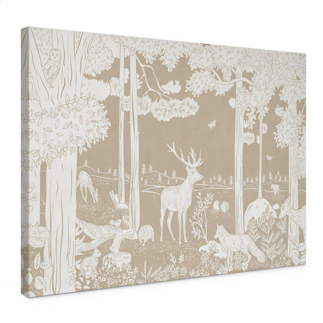 Leinwandbild Herbstlicher Wald mit Hirschen und Füchsen - Braun - Kikki Belle