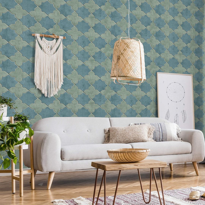 Livingwalls Vliestapete New Walls Finca Home geometrische Tapete beige, blau, grün