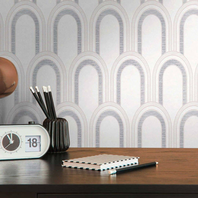 Mustertapete mit Bögen Art-Deco Style Weiss Silber - Grafik-Tapete Retro-Look