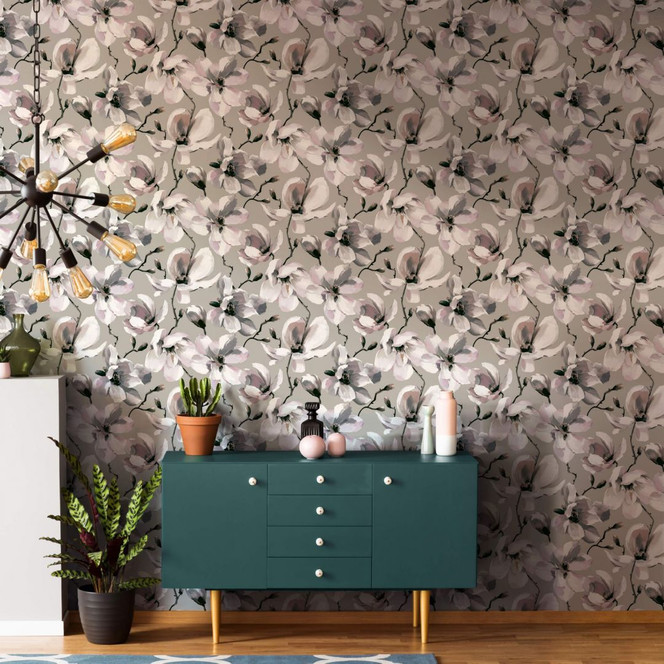Vliestapete mit Blättern in gemaltem Stil grau, beige Floral