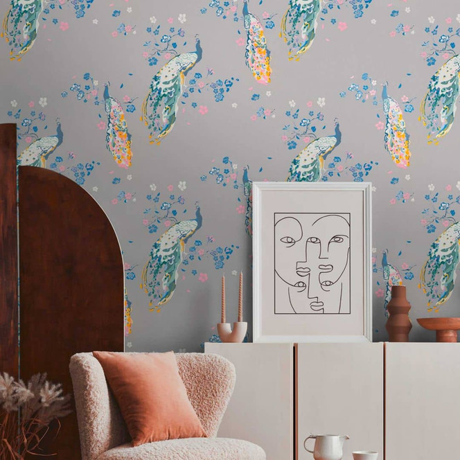 Blumentapete Grau Blau - Vliestapete Floral Vögel - Designer Tapete Pfau