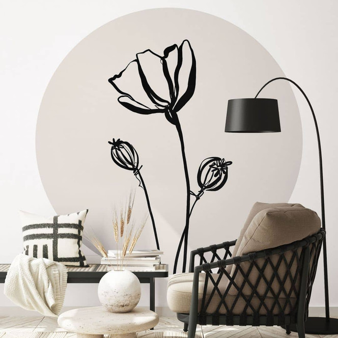 Fototapete Line Art Mohnblume - Cats & Dotz - Rund - Selbstklebend/Vlies