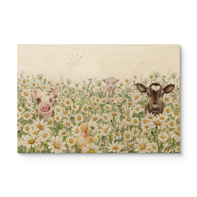 Holzbild Bauernhoftiere auf der Blumenwiese - Kikki Belle