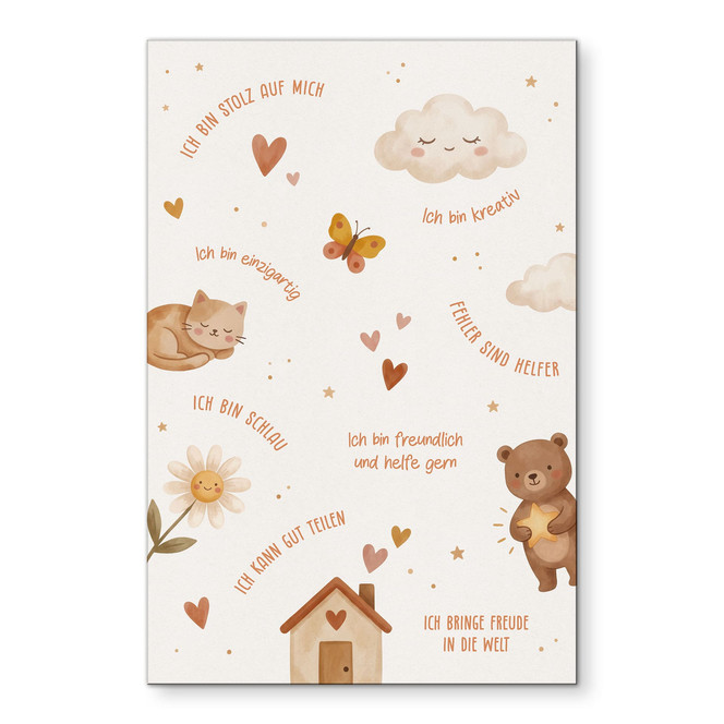 Alu-Dibond Wandbild - Affirmationen Happy mit Katze und Bär fürs Kinderzimmer