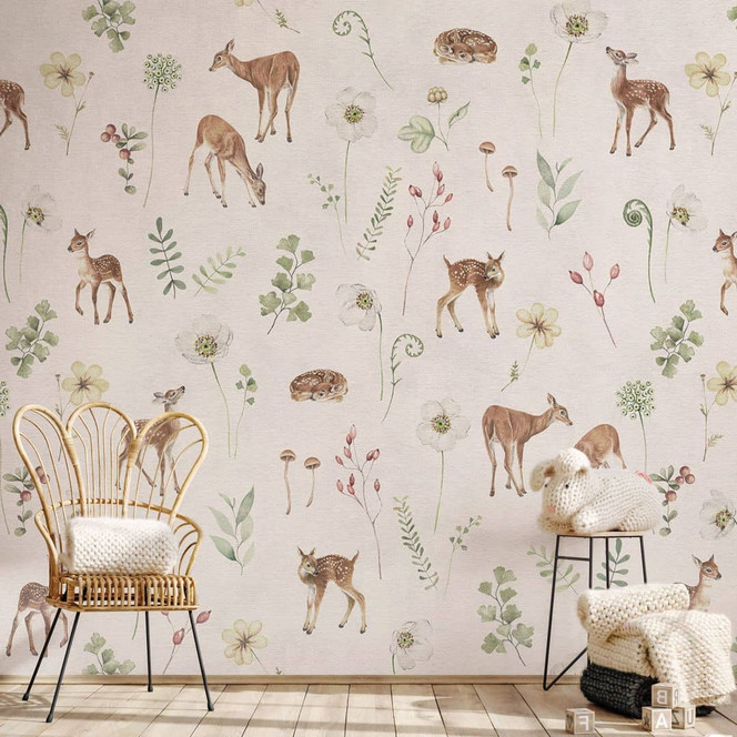 Fototapete Kleine Rehe zwischen Blumen - Kikki Belle