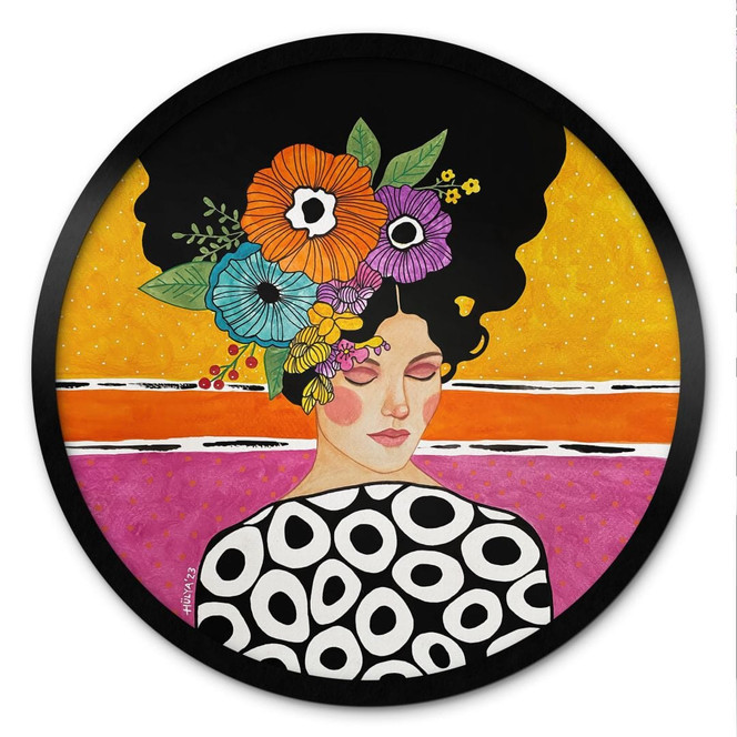 Poster Frau mit bunter Blumenkrone - Hülya - Rund
