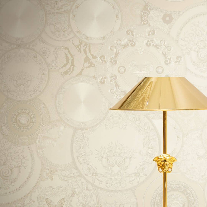 Versace Vliestapete Art De La Table Kreise Floral Mäander Medusa Beige Metallic