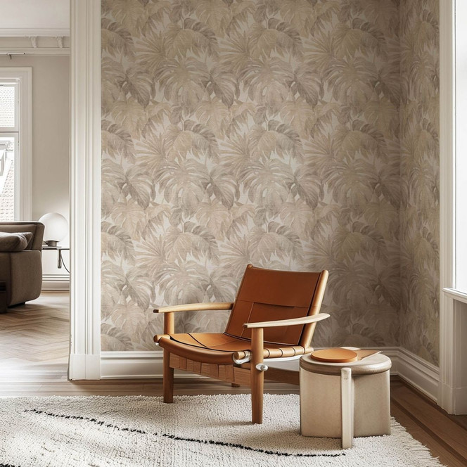 Vliestapete Blätter Beige Greige dezent botanisch modern für stilvolle Wohnräume
