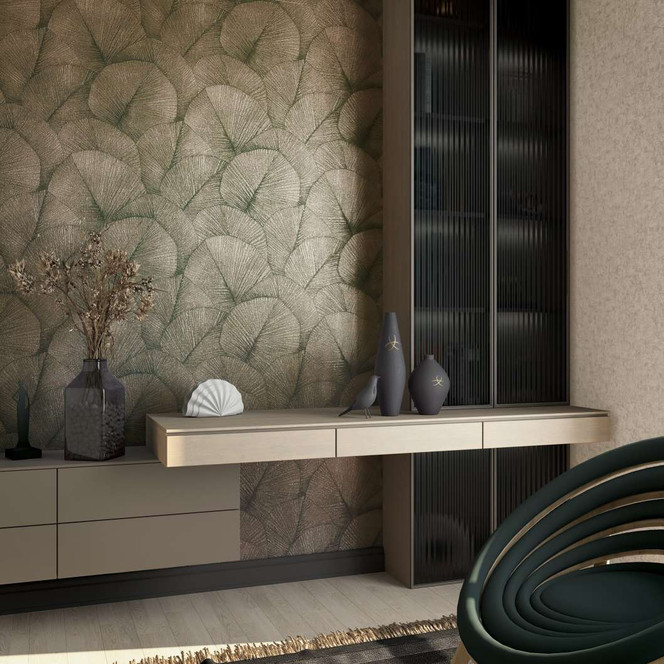 Vliestapete mit grossem Blattmotiv gold Floral
