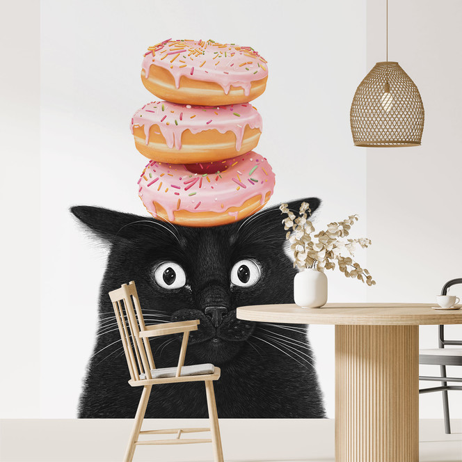 Fototapete Schwarze Katze mit pinken Donuts - Korenkova