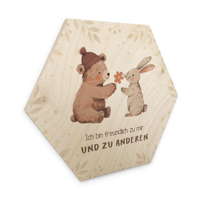 Holzbild Hexagon mit Bär und Hase - positiver Spruch "Ich bin freundlich"