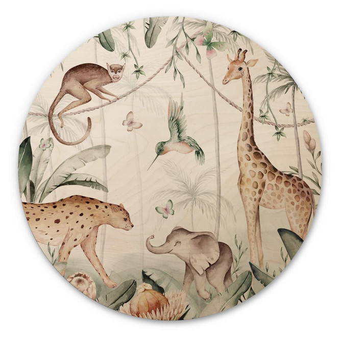 Holzbild Kinderzimmer - Tiere im Dschungel Rund - Kvilis