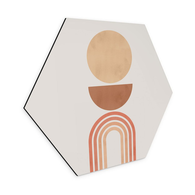 Hexagon Wandbild Abstrakte Balance - Retro Bögen und Kreise - Costa - Alu-Dibond