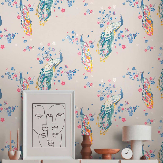 Florale Tapete Grau Blau - Blumentapete mit Vögeln - Vliestapete Pfau
