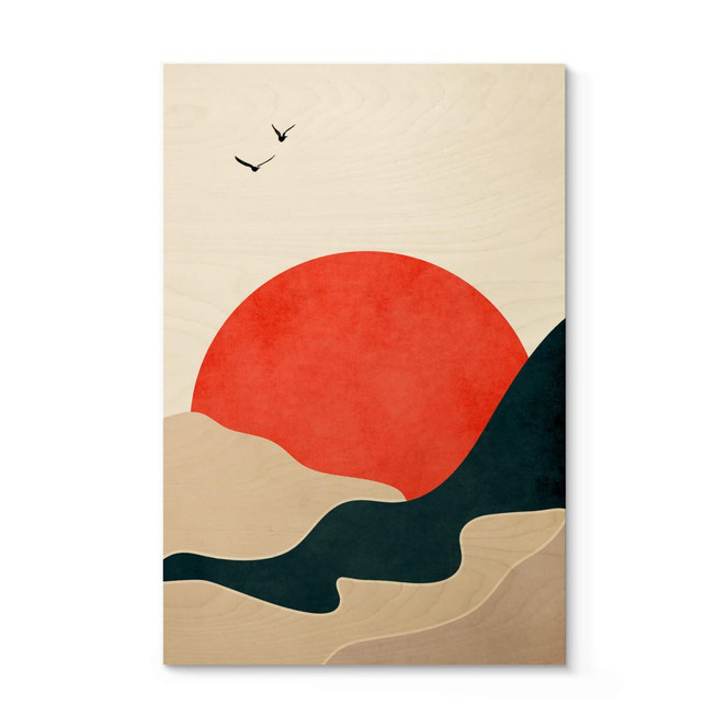 Holzbild Sonnenaufgang in der Landschaft mit Tauben - Kubistika