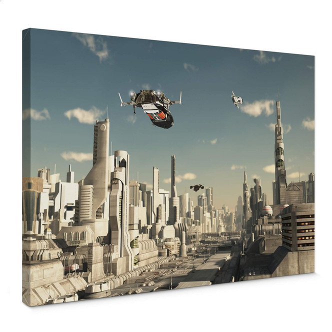Leinwandbild - 3D Landeanflug Sci-Fi Stadt