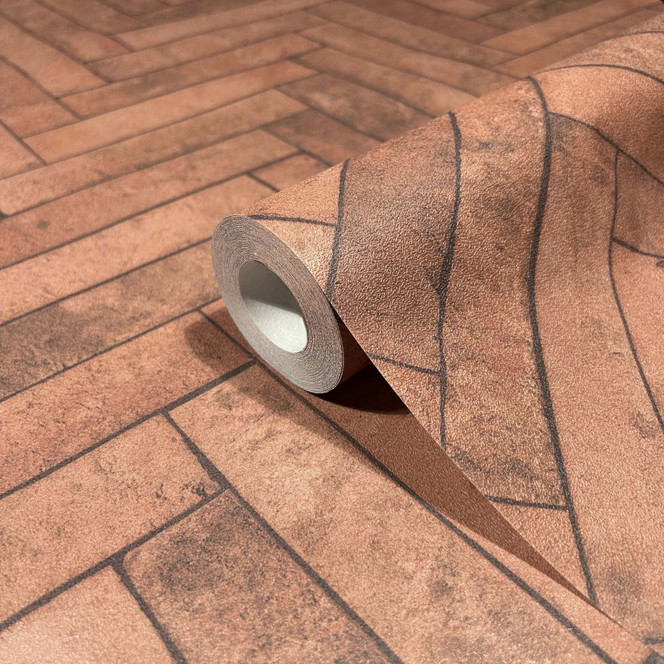 Vliestapete mit Fischgrat Steinmuster rot, braun Steinoptik